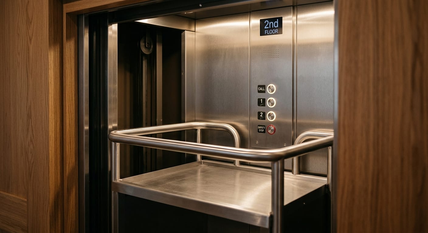 Close-up of a residential dumbwaiter interior platform and controls